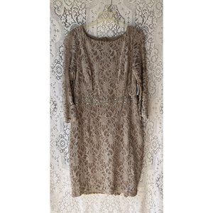 Jackie Jon New York Women Champagne Lace 3/4 Sleeve Beaded Dress‎ Size 14 NWT